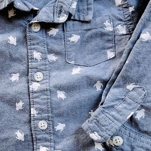 Penguins Chambray Printed Button-Down Dress Shirt, Blue & White, Chest Pocket